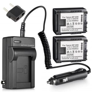 Two BP-808 Batteries, Charger & Neck Strap for Canon Camcorders