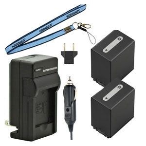 Two New NP-FH100 InfoLithium H Series Batteries Plus One Charger Kit & Neck Strap Combo for Sony AVCHD, MiniDV, and HD Handycam Camcorders