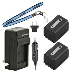 Two NP-FH60 NP-FH70 Batteries, Charger & Neck Strap Combo for Sony Camcorders