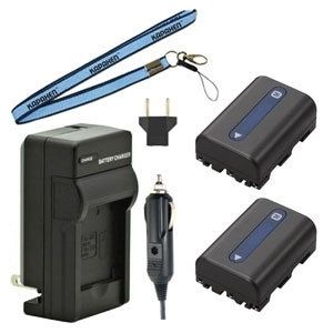 Two New NP-FM55H Batteries Plus One Charger Kit & Neck Strap Combo for Sony Cameras and Camcorders