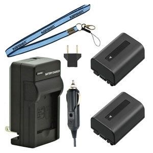 Two NP-FV50 NP-FV30 Batteries, Charger & Neck Strap for Sony Camcorders